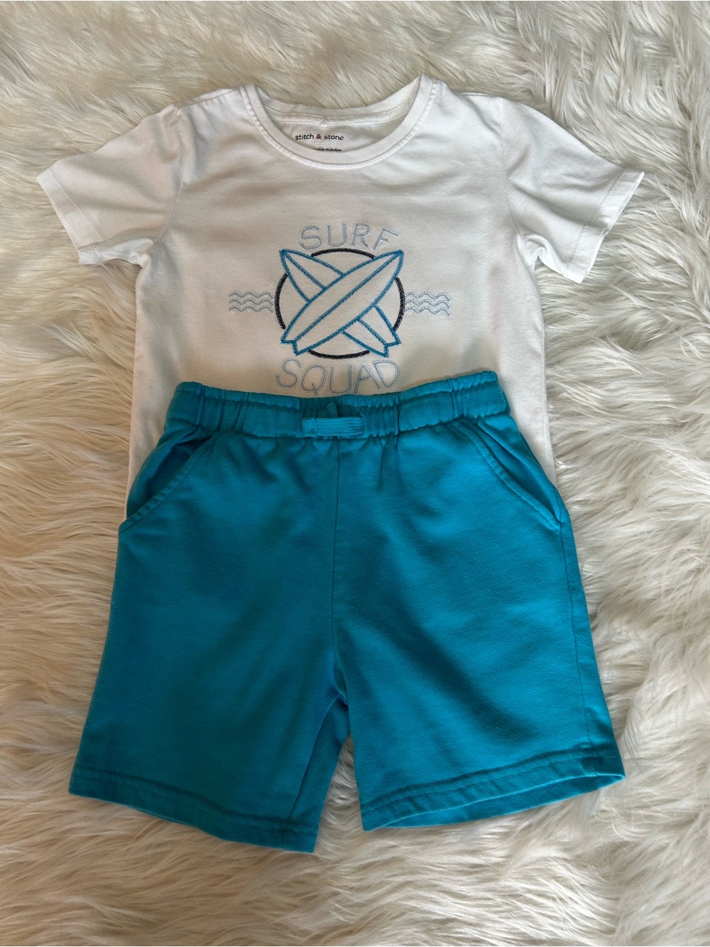Stitch & Stone Surf Squad White Tee and Aqua Shorts Set for Kids